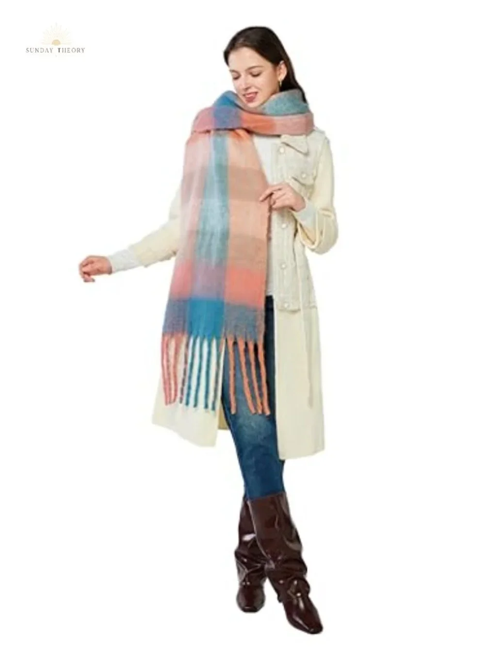 Oversized Plaid Fringe Scarf Cashmere Feeling Winter Wrap